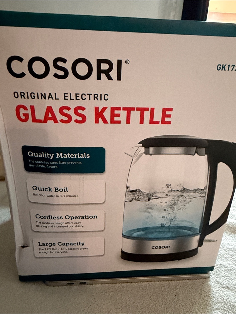 Cosori Blue Glass Electric Kettle - Clear Glass with Blue Base
